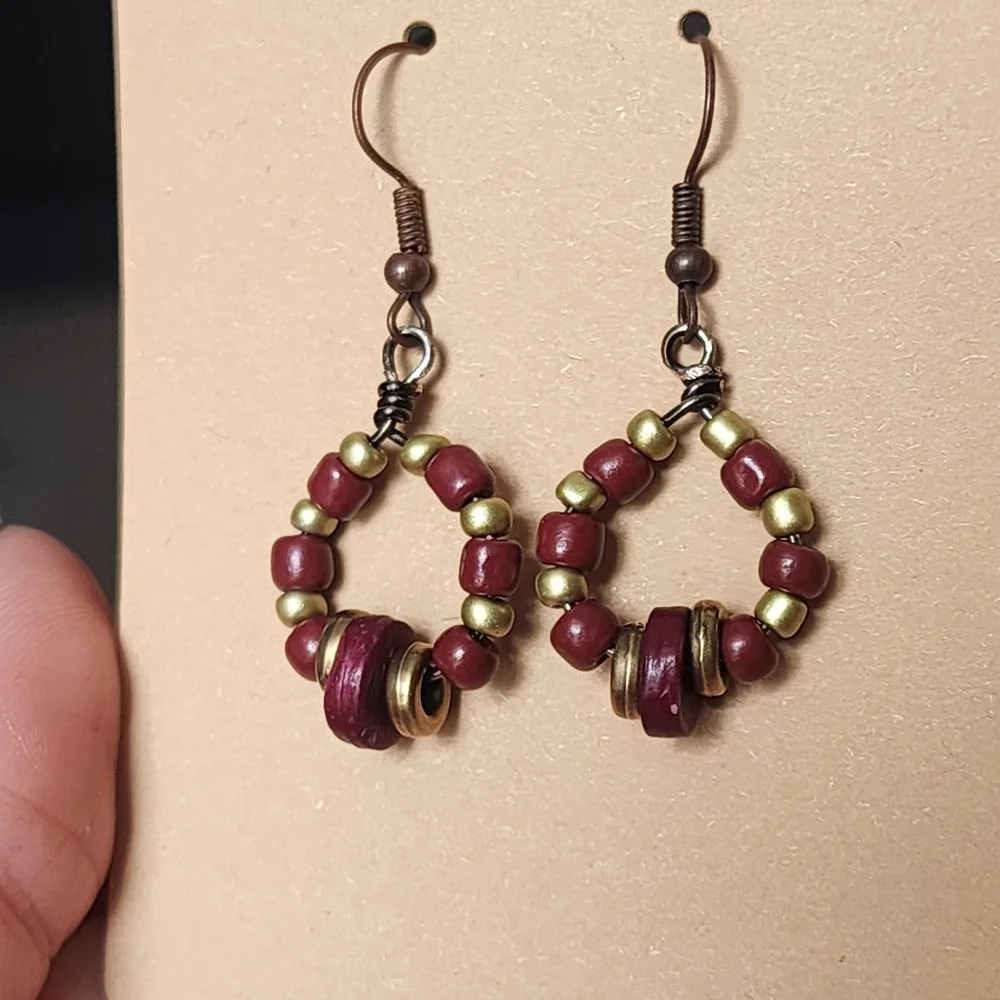 Handmade Beaded Hoop Earrings, Wood And Metal - Picture 3 of 6